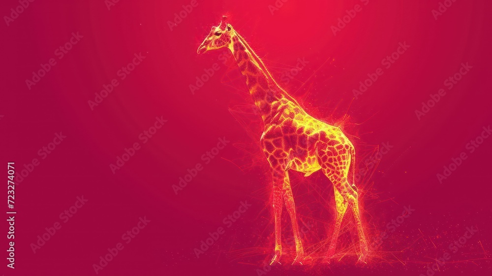 Poster a giraffe standing in the middle of a red background with a red background and a yellow giraffe stan