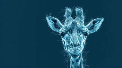  a close up of a giraffe's face on a blue background with a blurry image of the head and neck of a giraffe's head.
