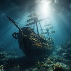 A_pirate_ship_sinking_under_water__Under_water