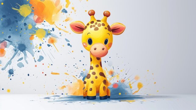  a cute little giraffe standing in front of a paint splattered wall with paint splatters all over it's sides and a gray background.