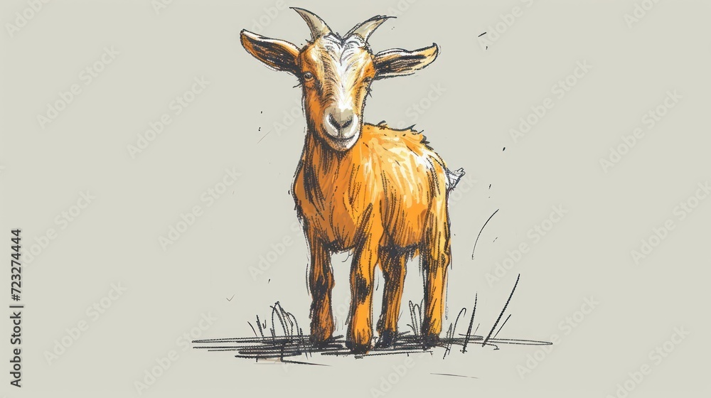 Poster a drawing of a goat standing on top of a dry grass covered field next to a field of tall grass on a 