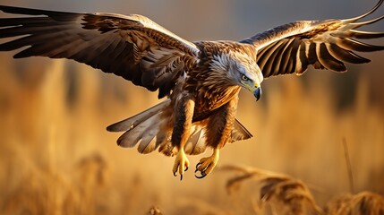 Magnificent golden eagle flying over the field in autumn
