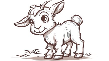  a black and white drawing of a goat with a big smile on it's face, standing in the middle of a field of grass and looking at the viewer.