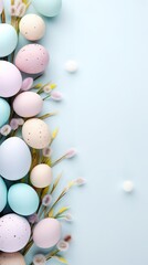 Naklejka na ściany i meble Easter festive background, Sea of glowing pastel Easter eggs, holiday event promotions banner frame for text.