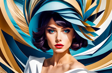 Painting of an elegant woman with colorful abstract shapes