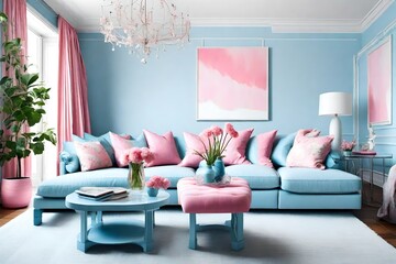 light Blue and pink living room interior design. 