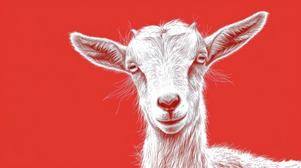  a close up of a goat's face on a red background with a black and white drawing of a goat's face on it's left side.
