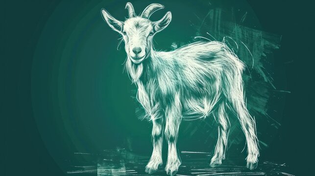  a white goat standing on top of a wooden floor next to a green and white painting of a goat on a green and white background with a black border and white border.