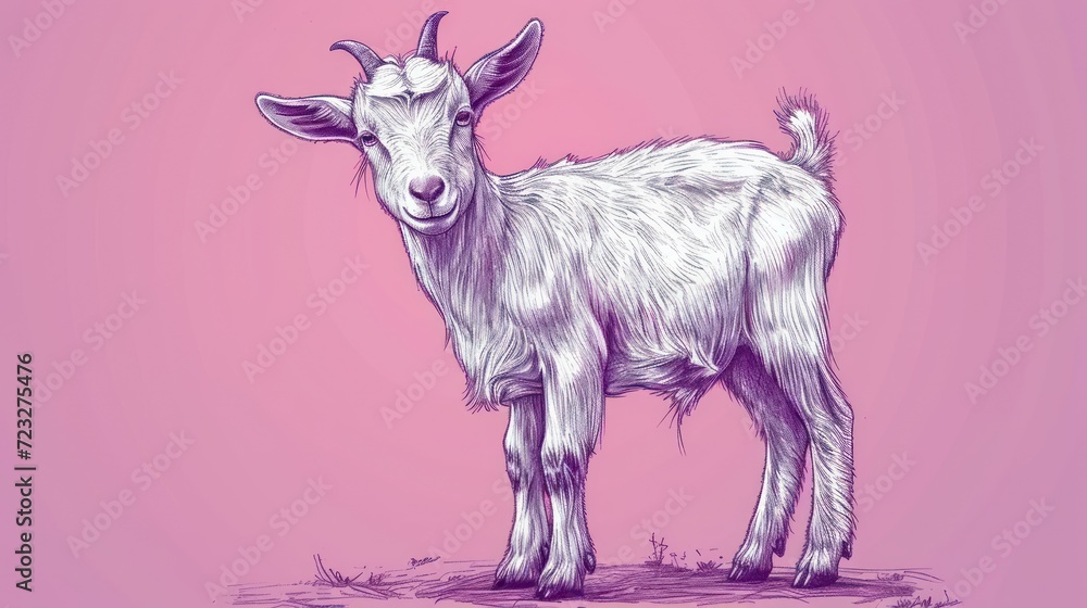 Poster a drawing of a goat standing on top of a patch of grass in front of a pink background with grass gro