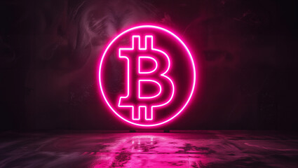 A pink-illuminated bitcoin sign made of glass against a dark background
