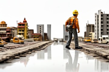 Engineers construction Industrial site with workers 3D illustration white background - obrazy, fototapety, plakaty