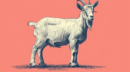  a white goat standing on top of a dirt ground next to a pink wall and a red wall with a black and white drawing of a goat on it's face.
