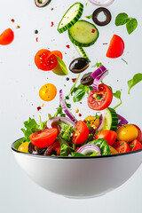 Close-up of Greek salad flying into a bowl against an unusual background. Minimalist illustration. Mediterranean cuisine.