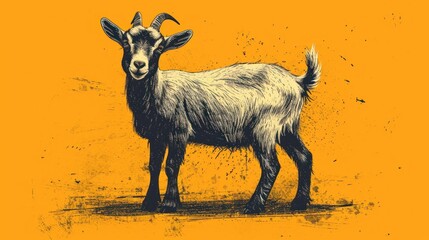  a drawing of a goat standing on a yellow ground with a black and white drawing of a goat on the side of it's face and a yellow background.