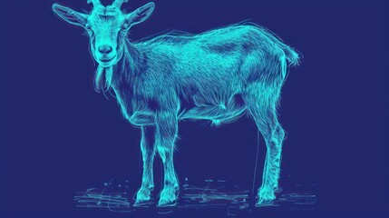  a blue drawing of a goat on a dark blue background with a light reflection on the bottom of the goat's head and bottom part of it's body.