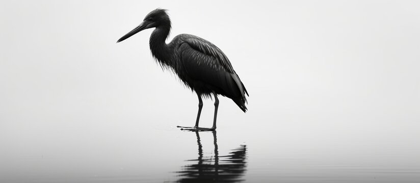 High contrast image of a black heron fishing at a river,