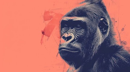  a close up of a gorilla's face on a red background with a black and white drawing of a gorilla's face on it's left side.