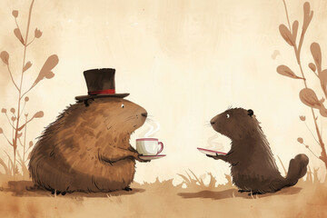 charming illustration of a groundhog and its shadow having a tea party on Groundhog Day
