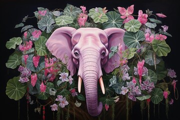 Elephant covered with tropical flowers and plants on black background