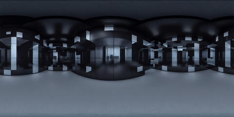 equirectangular panorama 360 degrees background, modern high contrast interior geometric black white elements HDRI - obrazy, fototapety, plakaty
