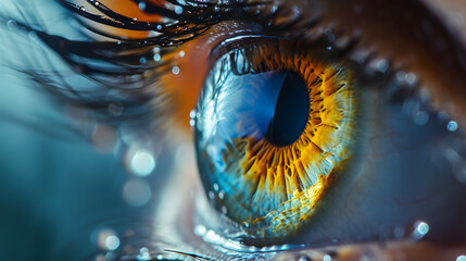 yellow and blue eye close up with drops on eyelashes, generative ai - 723276088