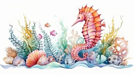 Marine composition seashell seahorse algae corals and bubbles watercolor illustration - obrazy, fototapety, plakaty