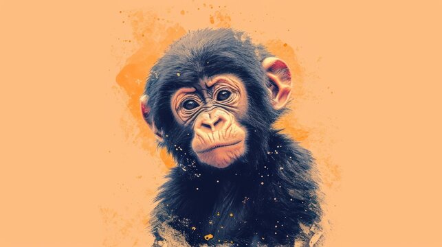  a close up of a monkey's face with a splotter of paint on it's left side and a light orange background behind the monkey's head.