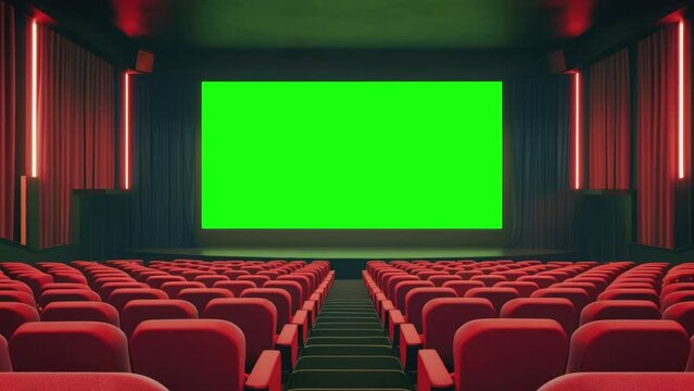 Movie theater with red seats and green screen