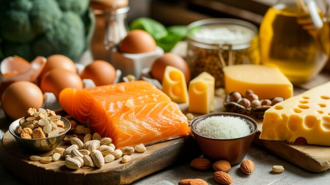 Vitamin D rich foods and supplements, showcasing natural sources like fish, eggs, and fortified cereals, alongside bottles of omega-3 capsules, all promoting a strong immune system.