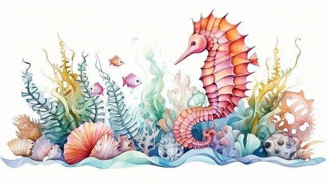 Marine composition seashell seahorse algae corals and bubbles watercolor illustration