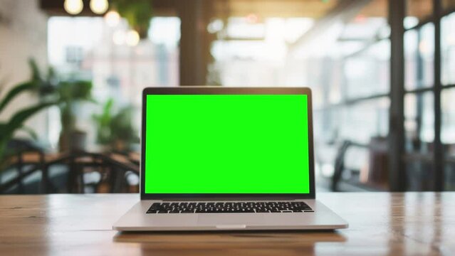 Laptop with green screen on wooden table