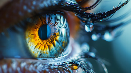 yellow and blue eye close up with drops on eyelashes, generative ai - 723276401