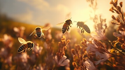 Group of bee is flaying at the flowers garden with beautiful sunset view in the summer season. Created with Generative AI - obrazy, fototapety, plakaty