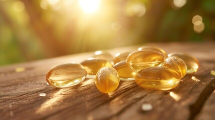 Close-up of Vitamin D supplement capsules alongside Omega-3 and fish oil gel capsules, commonly used to boost the immune system and improve overall health. - obrazy, fototapety, plakaty
