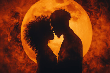 couple with a orange color and a silhouette and a professional overlay on the together - obrazy, fototapety, plakaty