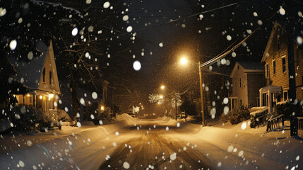 A serene snowfall at night in a small town.