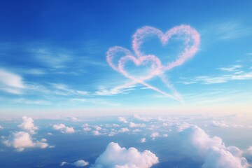 Heart-shaped trails of airplane in blue sky