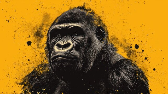  a close up of a gorilla face with yellow paint splatters on it's face and a black gorilla's head on it's left side.