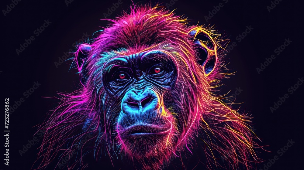 Poster a close up of a monkey's face with a neon light effect on it's face and the monkey's head is in the 