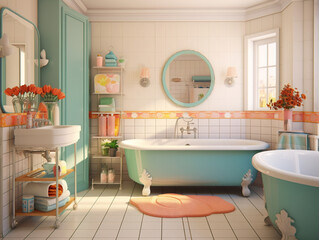 A charming vintage bathroom with retro fixtures, including a beautiful vintage bathtub and brass...