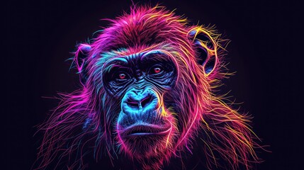  a close up of a monkey's face with a neon light effect on it's face and the monkey's head is in the center of the frame.