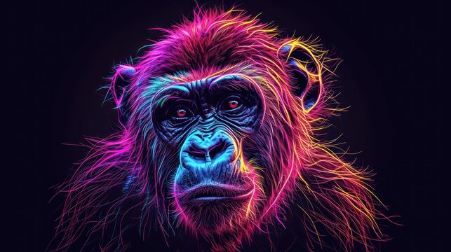  a close up of a monkey's face with a neon light effect on it's face and the monkey's head is in the center of the frame.