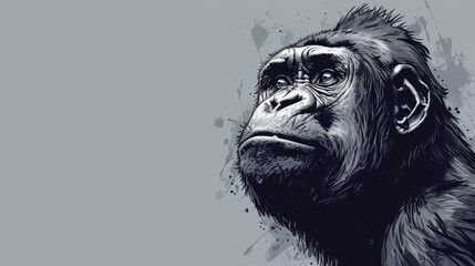  a black and white drawing of a chimpan on a gray background, with the head of a chimpan on the left side of the chimpan.