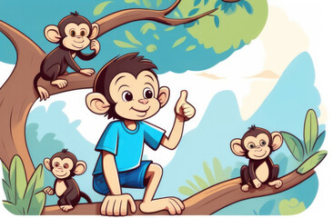 Obraz na płótnie Canvas Drawing of amazing monkey in t-shirt and blue shorts sitting on a tree, big thumbs-up near another little monkeys, cartoon, comic. illustration