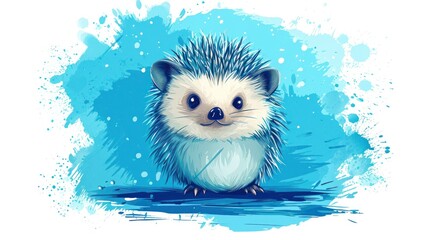  a drawing of a porcupine sitting on top of a body of water with blue paint splatters on it's sides and a white background with blue spots.