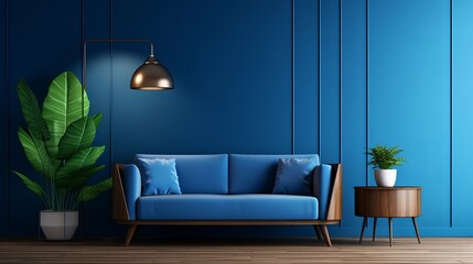 Modern living room dark blue wall with blue sofa and decor