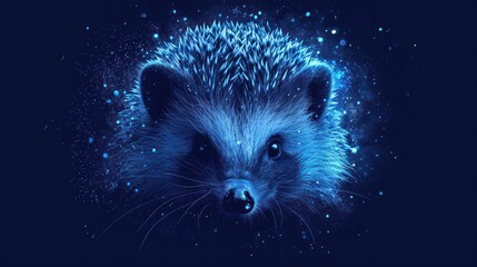  a close up of a porcupine's face on a dark blue background with stars in the middle of the image and a blue glow of the porcupine's eyes. - obrazy, fototapety, plakaty