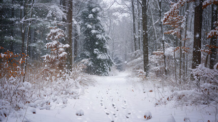 A snowy winter scene in a forest with snow-laden trees and animal tracks.