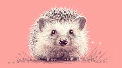  a drawing of a hedgehog sitting on the ground with its head turned to the side, looking at the camera, with a pink background of grass and pink. - obrazy, fototapety, plakaty