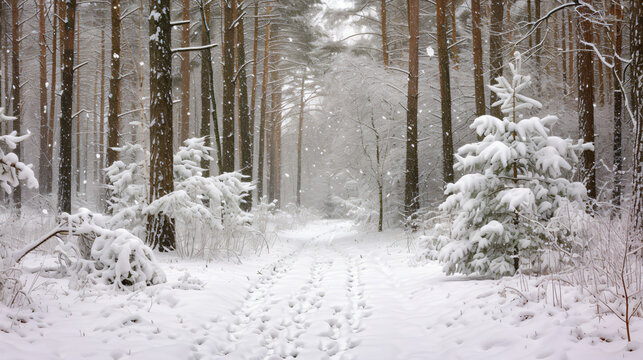 A snowy winter scene in a forest with snow-laden trees and animal tracks.